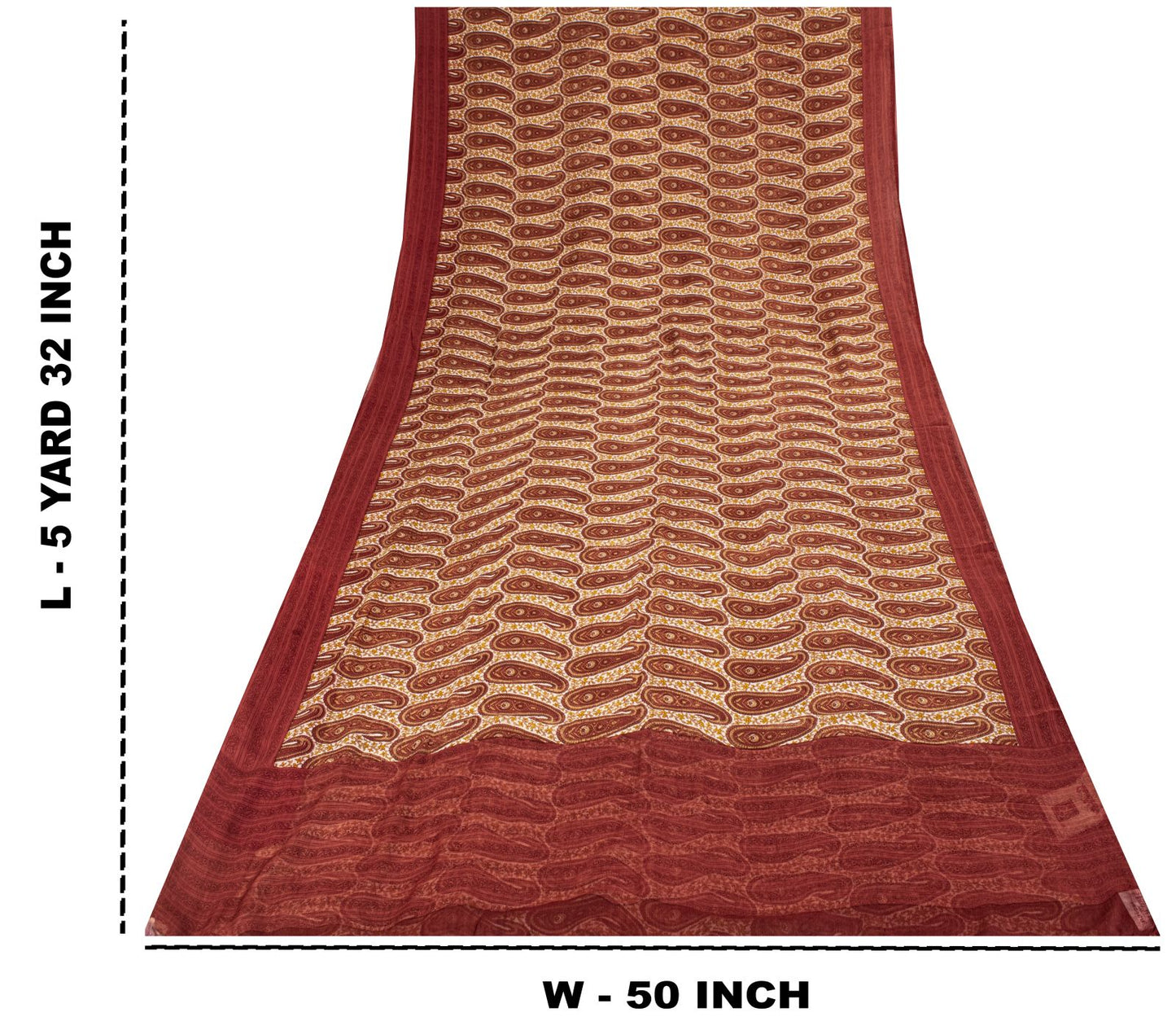 Sanskriti Vintage Red-Cream 100%Pure Chiffon Silk Saree Paisley Print 5+Yd Craft