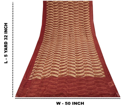 Sanskriti Vintage Red-Cream 100%Pure Chiffon Silk Saree Paisley Print 5+Yd Craft