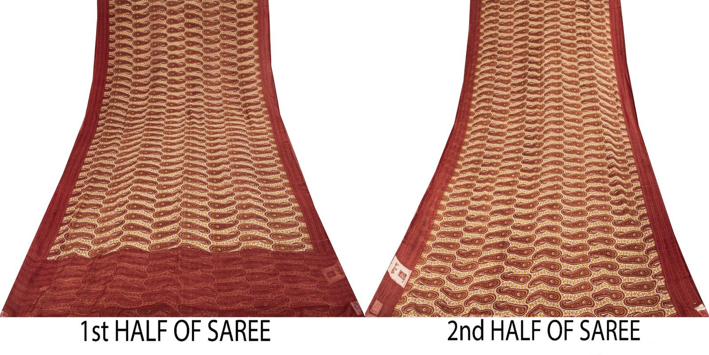 Sanskriti Vintage Red-Cream 100%Pure Chiffon Silk Saree Paisley Print 5+Yd Craft