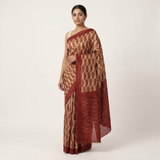 Sanskriti Vintage Red-Cream 100%Pure Chiffon Silk Saree Paisley Print 5+Yd Craft
