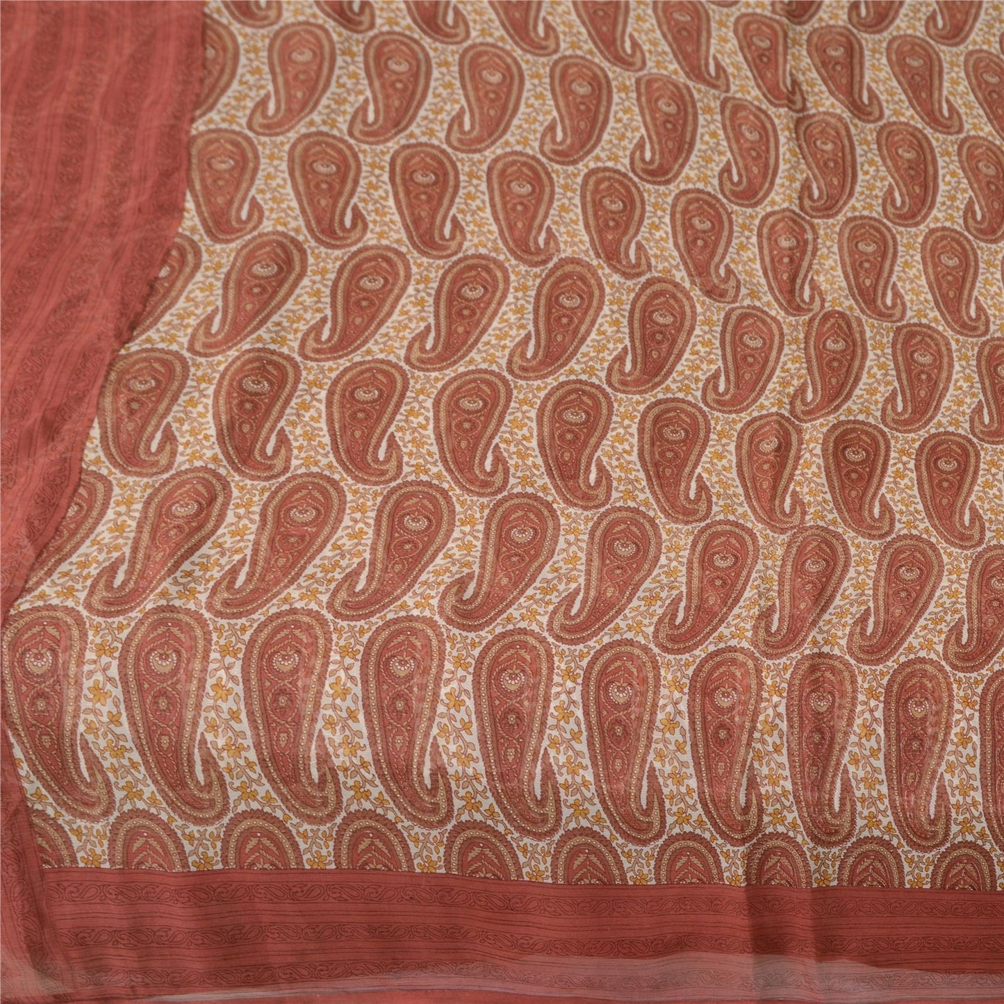 Sanskriti Vintage Red-Cream 100%Pure Chiffon Silk Saree Paisley Print 5+Yd Craft