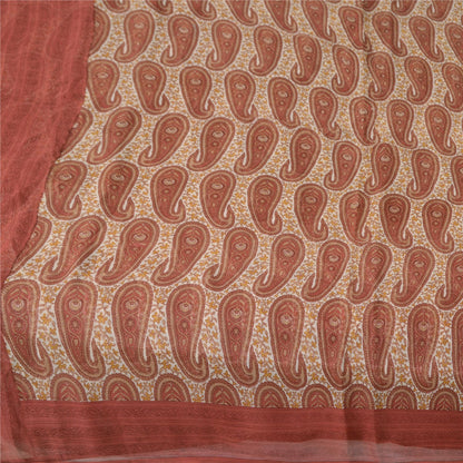 Sanskriti Vintage Red-Cream 100%Pure Chiffon Silk Saree Paisley Print 5+Yd Craft