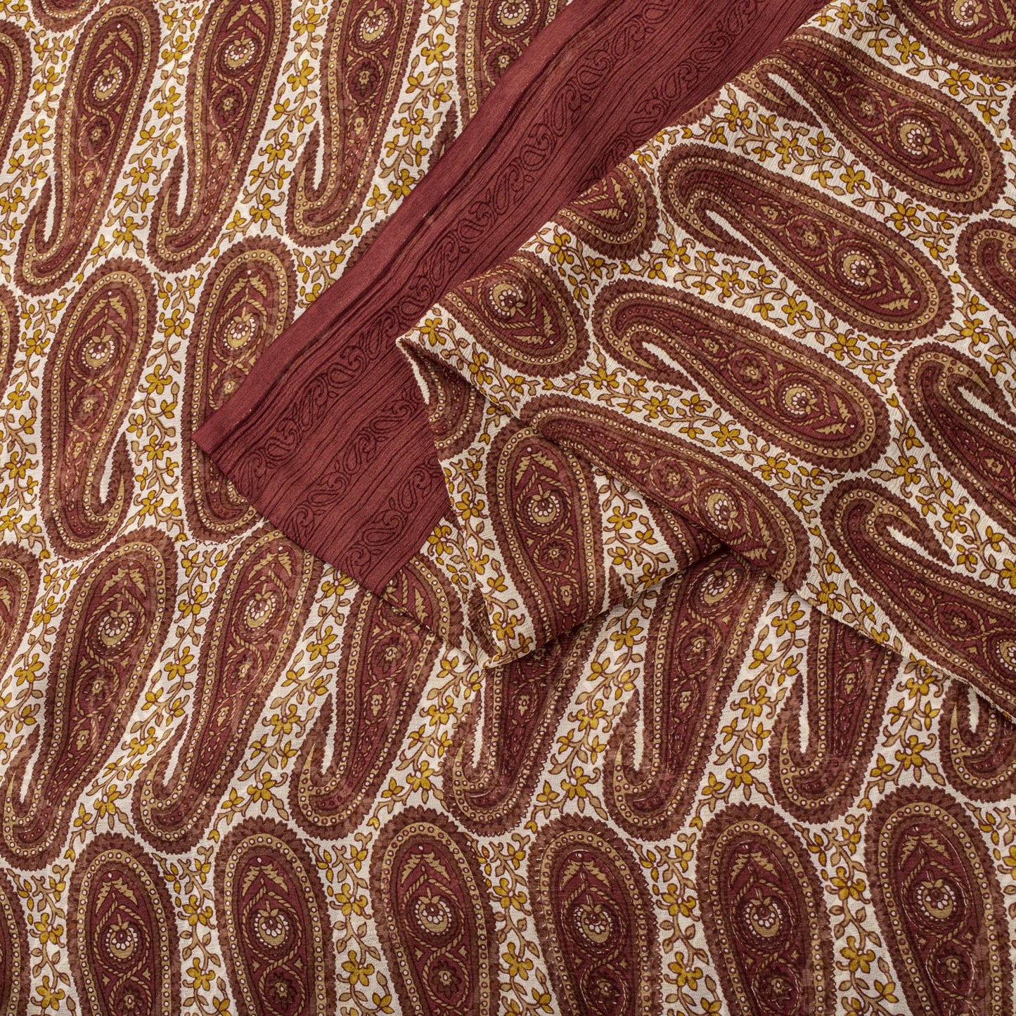 Sanskriti Vintage Red-Cream 100%Pure Chiffon Silk Saree Paisley Print 5+Yd Craft
