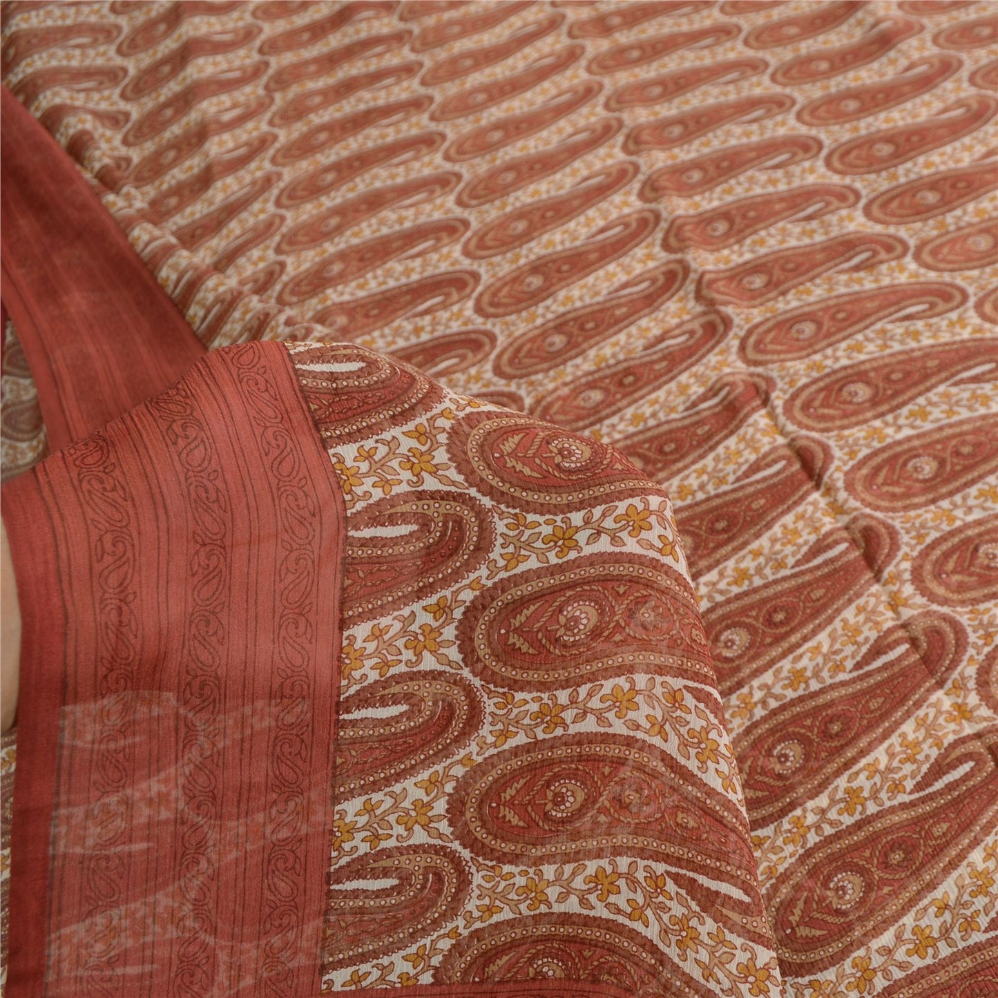 Sanskriti Vintage Red-Cream 100%Pure Chiffon Silk Saree Paisley Print 5+Yd Craft