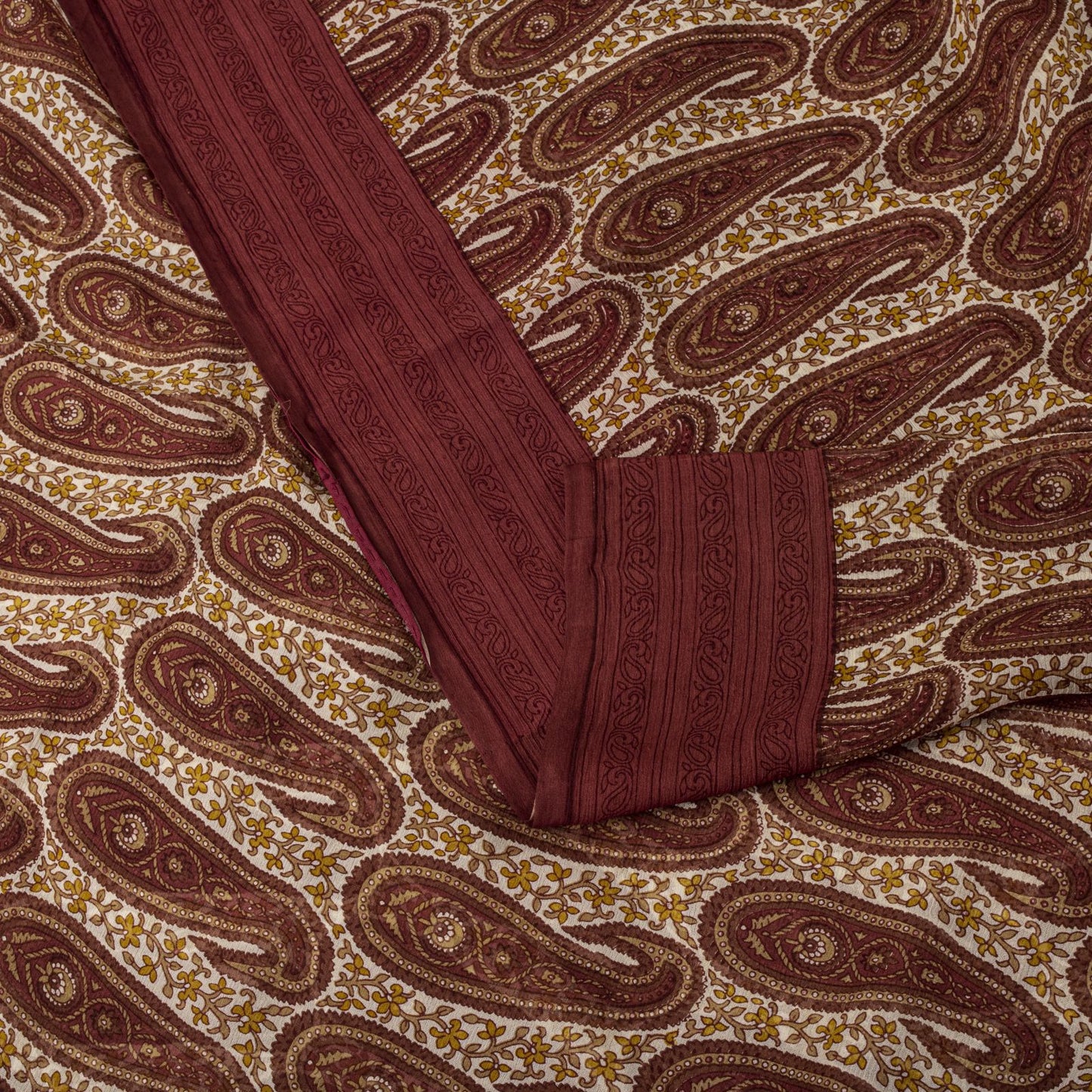 Sanskriti Vintage Red-Cream 100%Pure Chiffon Silk Saree Paisley Print 5+Yd Craft