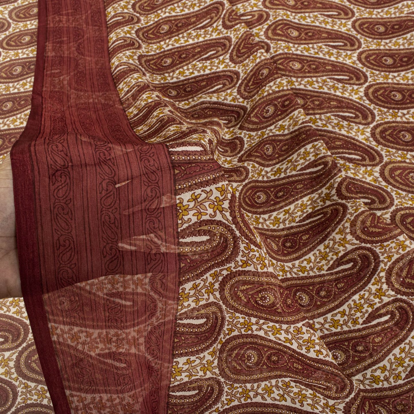 Sanskriti Vintage Red-Cream 100%Pure Chiffon Silk Saree Paisley Print 5+Yd Craft