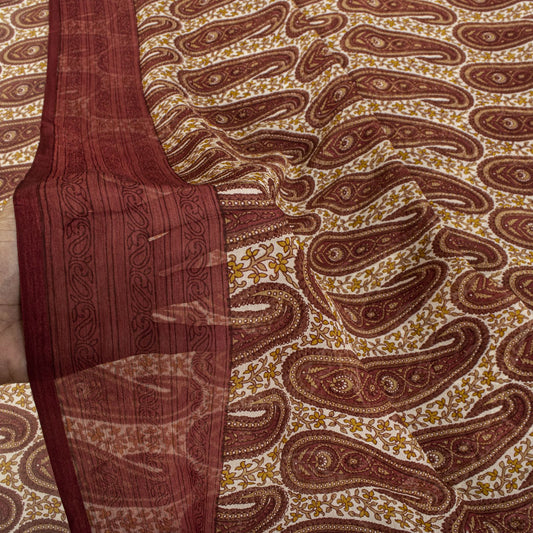 Sanskriti Vintage Red-Cream 100%Pure Chiffon Silk Saree Paisley Print 5+Yd Craft
