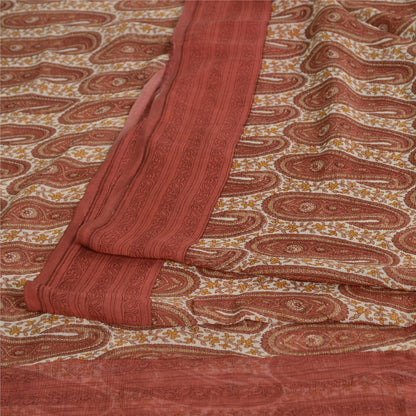 Sanskriti Vintage Red-Cream 100%Pure Chiffon Silk Saree Paisley Print 5+Yd Craft