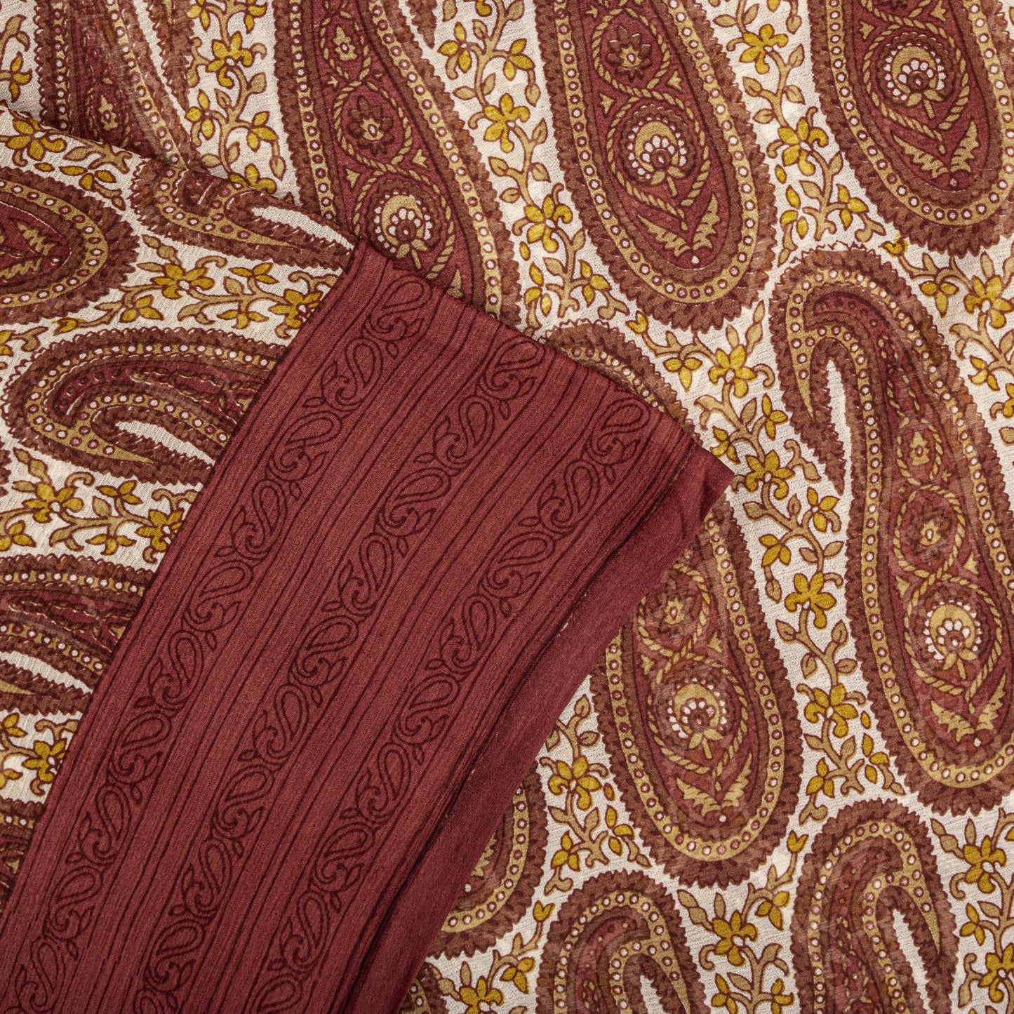 Sanskriti Vintage Red-Cream 100%Pure Chiffon Silk Saree Paisley Print 5+Yd Craft
