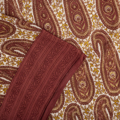 Sanskriti Vintage Red-Cream 100%Pure Chiffon Silk Saree Paisley Print 5+Yd Craft