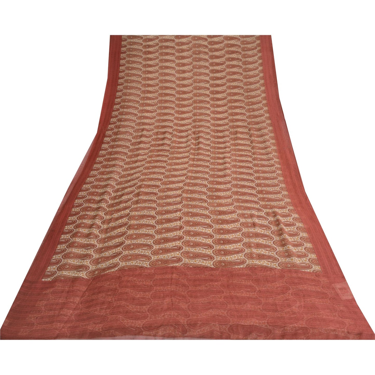 Sanskriti Vintage Red-Cream 100%Pure Chiffon Silk Saree Paisley Print 5+Yd Craft
