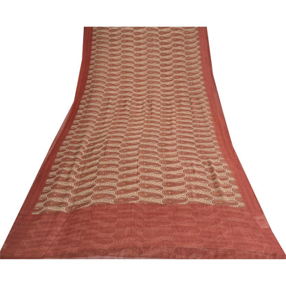 Sanskriti Vintage Red-Cream 100%Pure Chiffon Silk Saree Paisley Print 5+Yd Craft