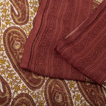 Sanskriti Vintage Red-Cream 100%Pure Chiffon Silk Saree Paisley Print 5+Yd Craft