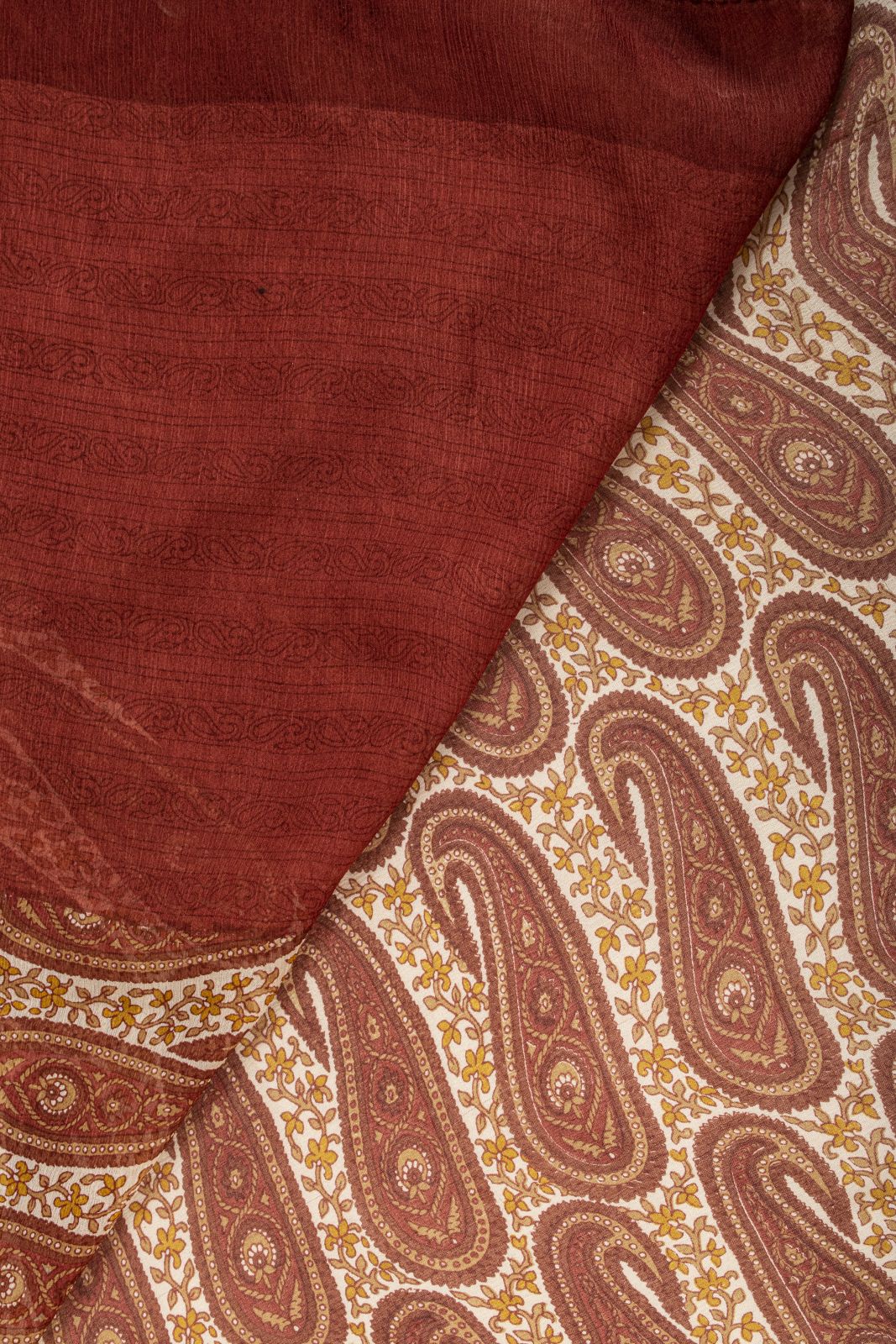 Sanskriti Vintage Red-Cream 100%Pure Chiffon Silk Saree Paisley Print 5+Yd Craft