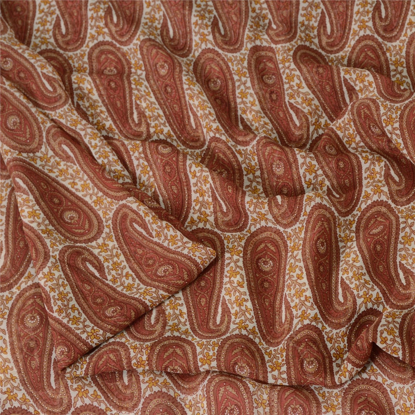 Sanskriti Vintage Red-Cream 100%Pure Chiffon Silk Saree Paisley Print 5+Yd Craft