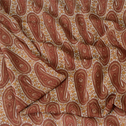 Sanskriti Vintage Red-Cream 100%Pure Chiffon Silk Saree Paisley Print 5+Yd Craft