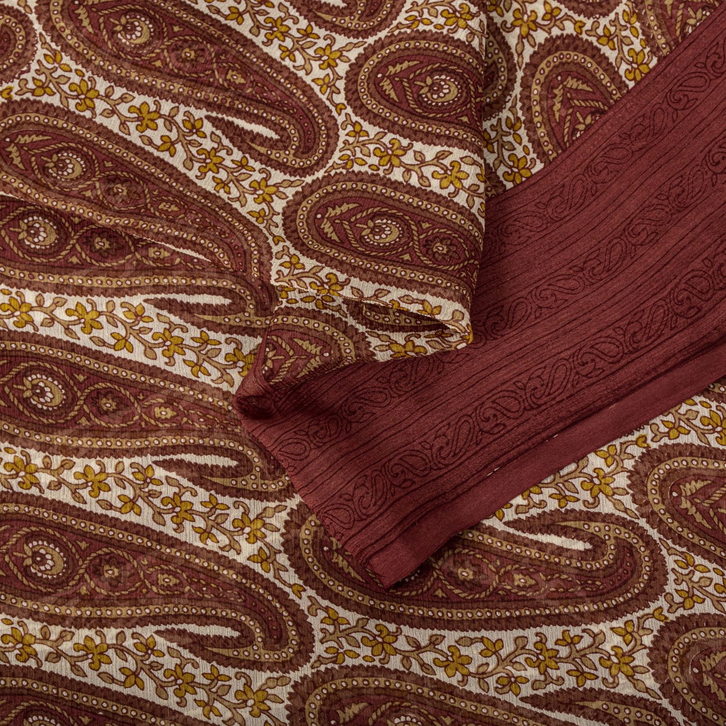 Sanskriti Vintage Red-Cream 100%Pure Chiffon Silk Saree Paisley Print 5+Yd Craft