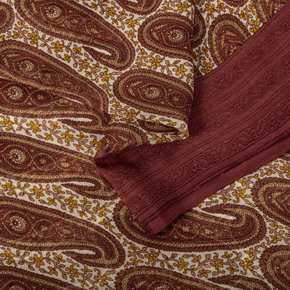 Sanskriti Vintage Red-Cream 100%Pure Chiffon Silk Saree Paisley Print 5+Yd Craft