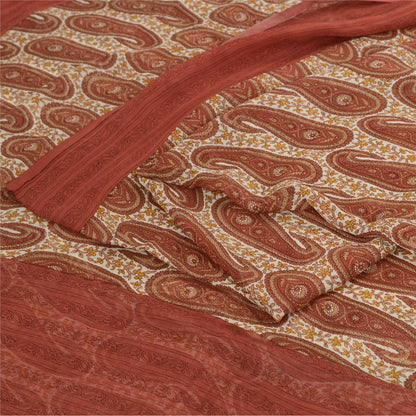 Sanskriti Vintage Red-Cream 100%Pure Chiffon Silk Saree Paisley Print 5+Yd Craft
