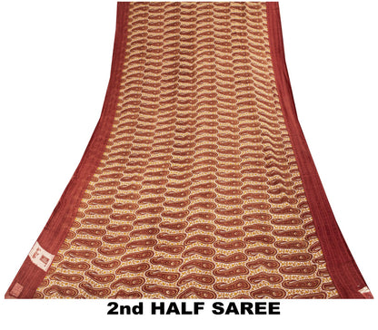 Sanskriti Vintage Red-Cream 100%Pure Chiffon Silk Saree Paisley Print 5+Yd Craft