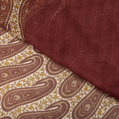 Sanskriti Vintage Red-Cream 100%Pure Chiffon Silk Saree Paisley Print 5+Yd Craft