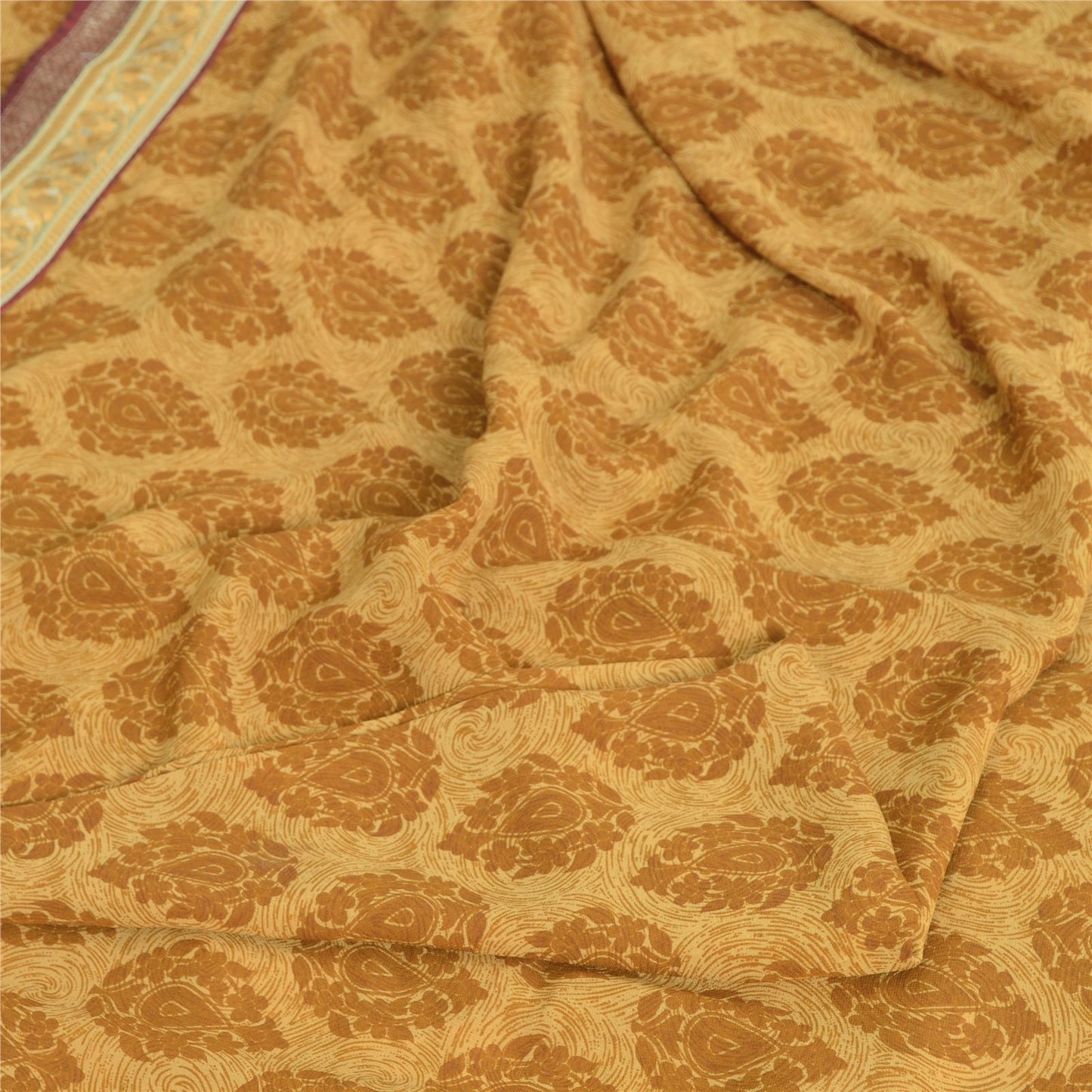 Sanskriti Vintage Brown Pure Georgette Saree Floral Print Embroidered Lace 5.5Yd