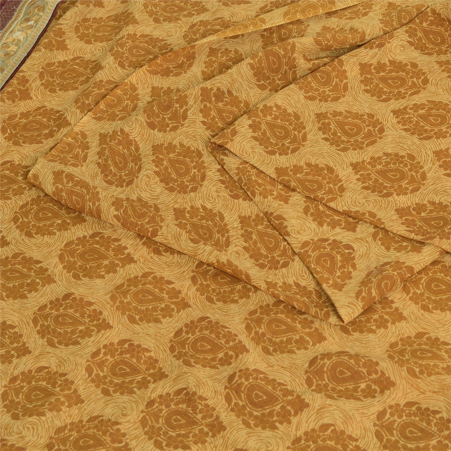 Sanskriti Vintage Brown Pure Georgette Saree Floral Print Embroidered Lace 5.5Yd