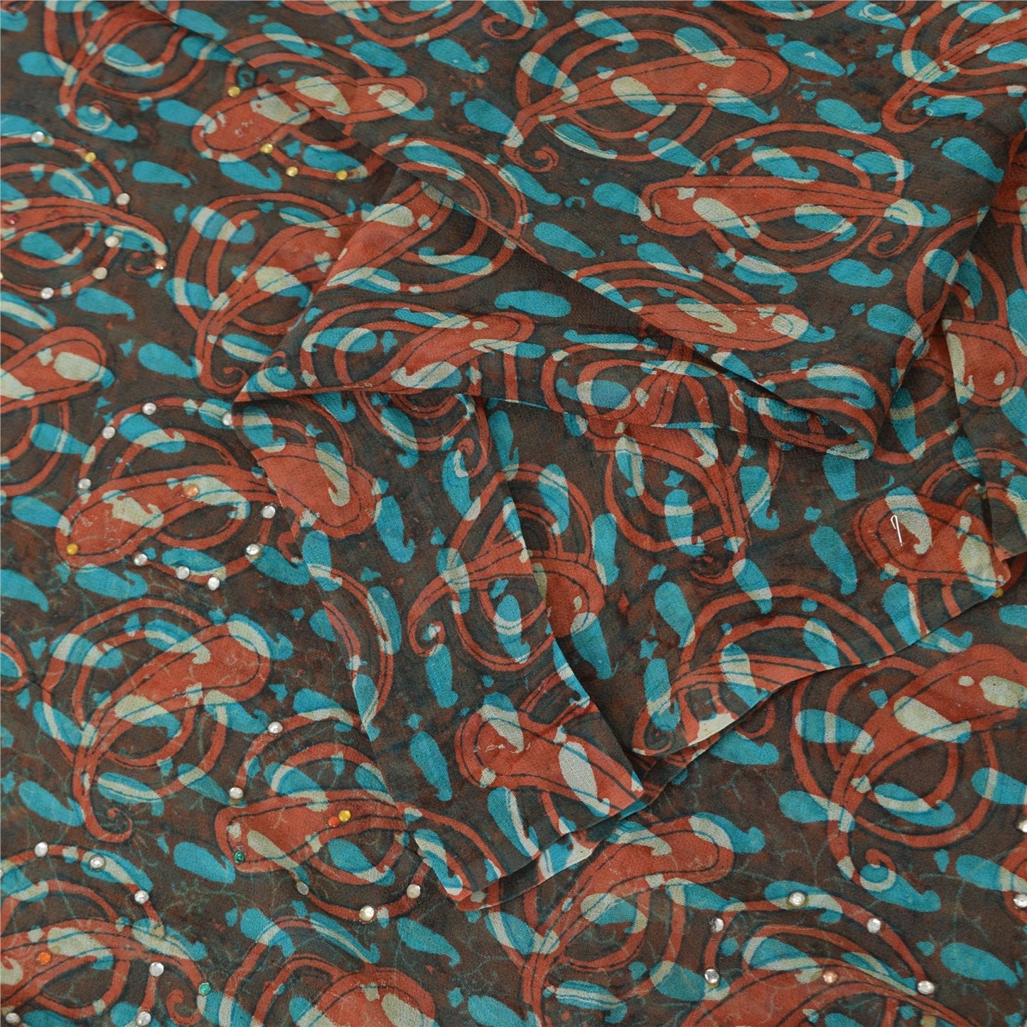 Sanskriti Vintage Black Pure Georgette Saree Paisley Print Stones Work 5.5+Yard