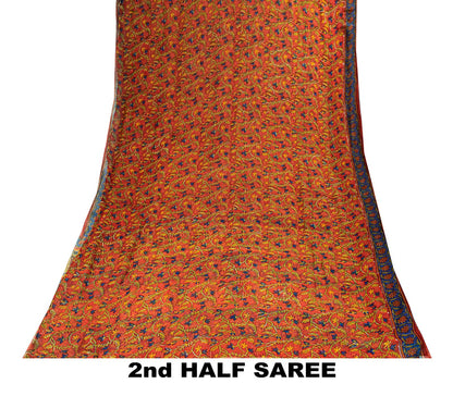 Sanskriti Vintage Saree Brown Soft Pure Georgette Silk Floral Print Sari 5.5Yd