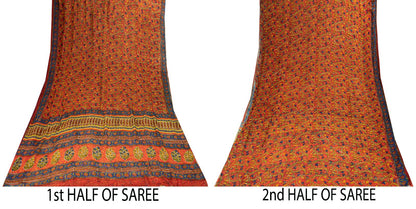 Sanskriti Vintage Saree Brown Soft Pure Georgette Silk Floral Print Sari 5.5Yd