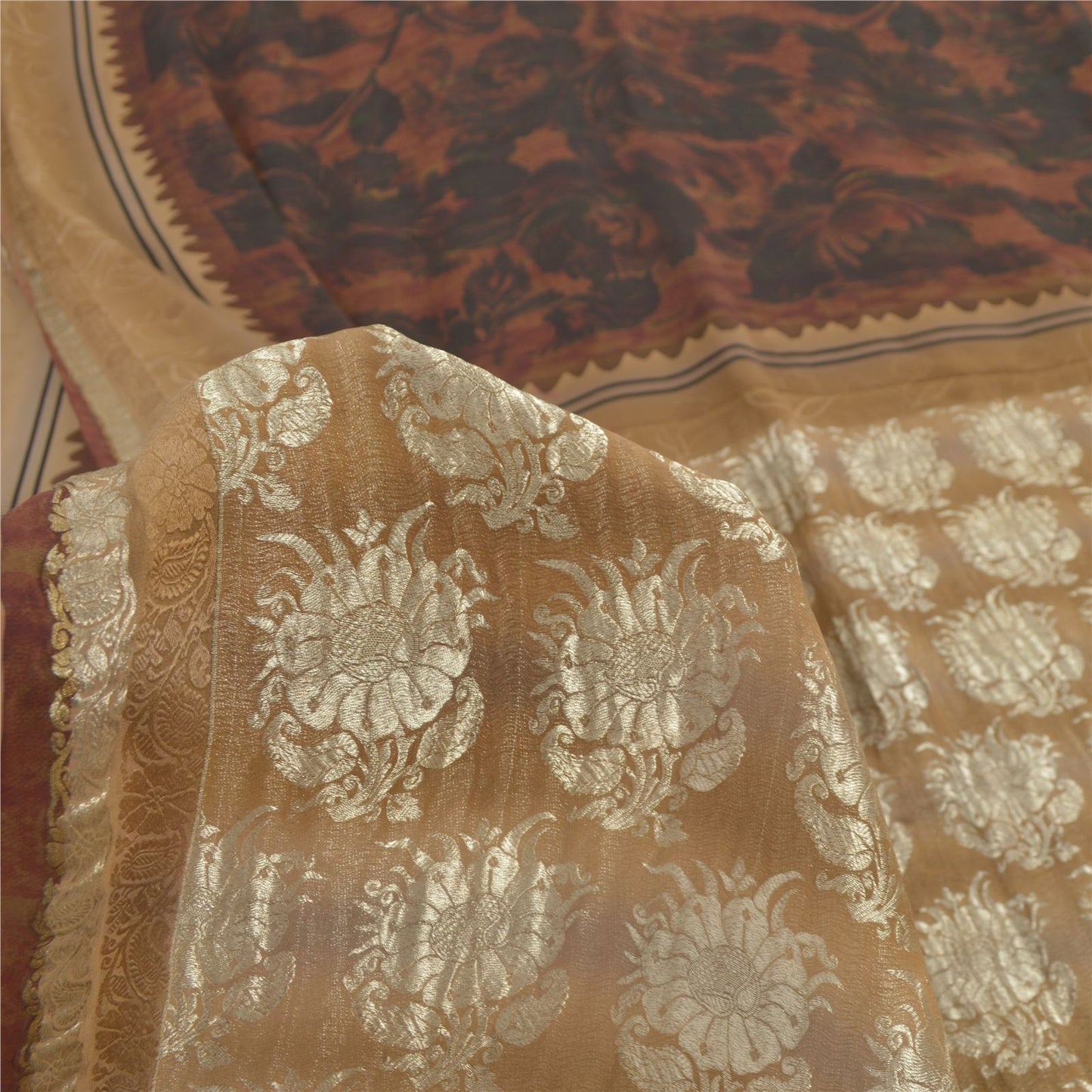 Sanskriti Vintage Brown-Black 100% Pure Georgette Saree Floral Print & Woven 6Yd