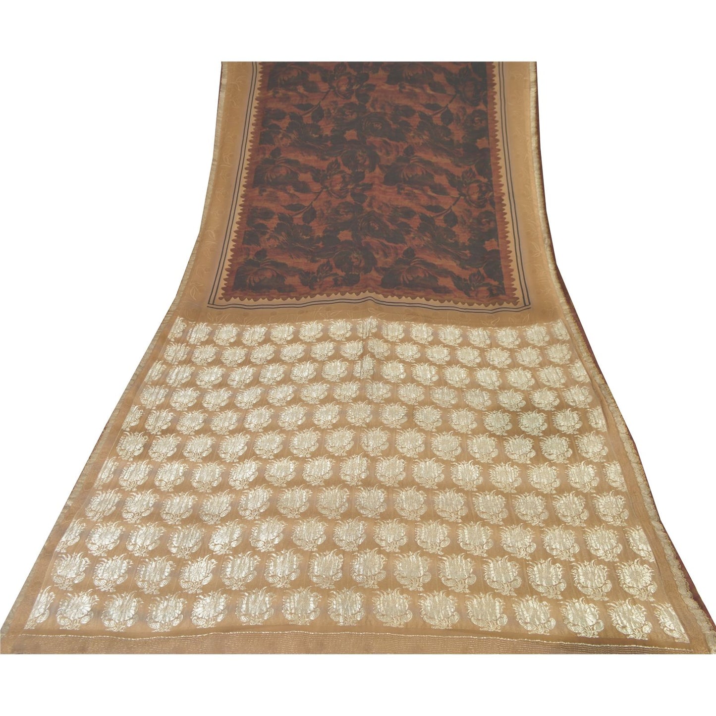Sanskriti Vintage Brown-Black 100% Pure Georgette Saree Floral Print & Woven 6Yd