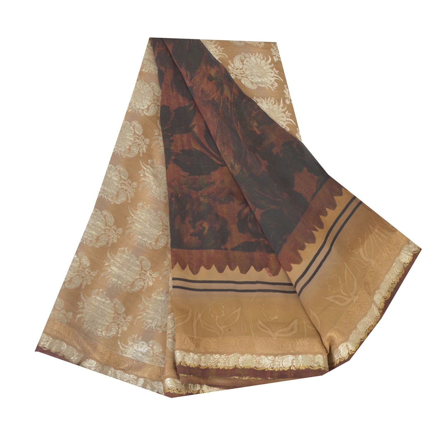 Sanskriti Vintage Brown-Black 100% Pure Georgette Saree Floral Print & Woven 6Yd