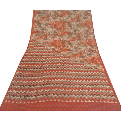 Sanskriti Vintage Peach-Gray Pure Georgette Saree FloralAbstract Print 5+Yd Sari