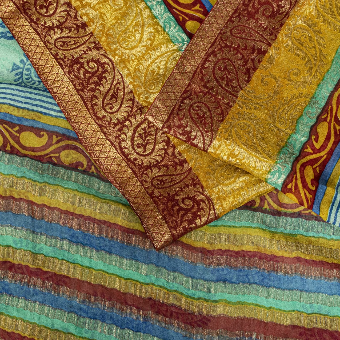Sanskriti Vintage Saree Blue Pure Georgette Handblock Print-Zari Work 5.5YD Sari