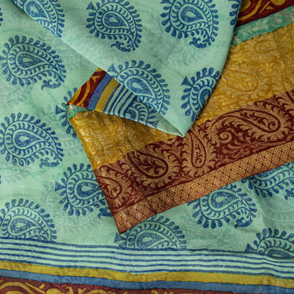 Sanskriti Vintage Saree Blue Pure Georgette Handblock Print-Zari Work 5.5YD Sari