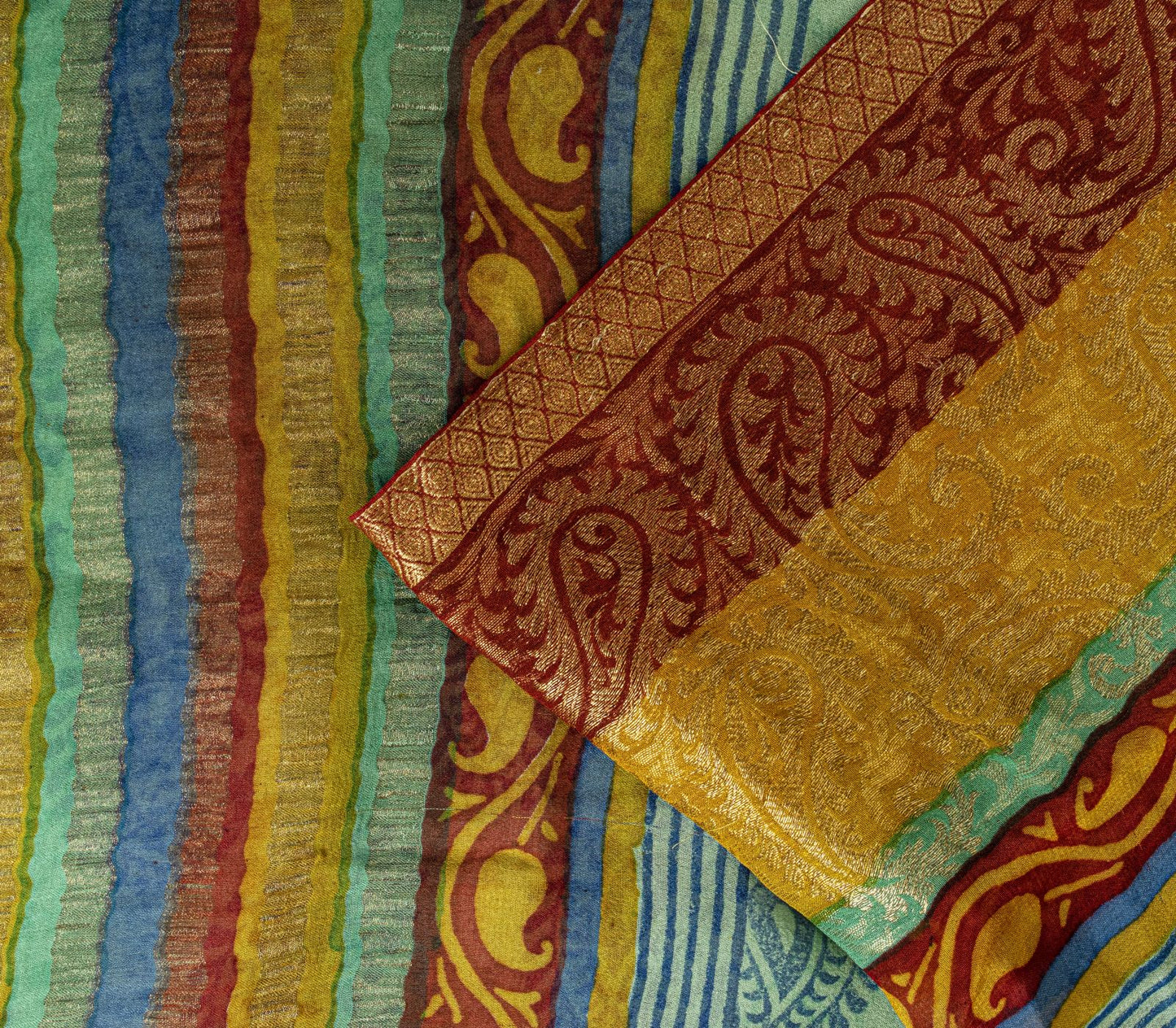 Sanskriti Vintage Saree Blue Pure Georgette Handblock Print-Zari Work 5.5YD Sari