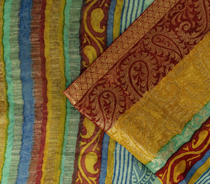 Sanskriti Vintage Saree Blue Pure Georgette Handblock Print-Zari Work 5.5YD Sari