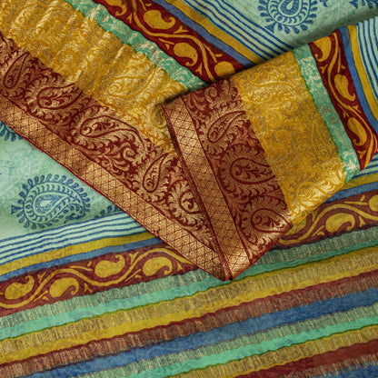 Sanskriti Vintage Saree Blue Pure Georgette Handblock Print-Zari Work 5.5YD Sari