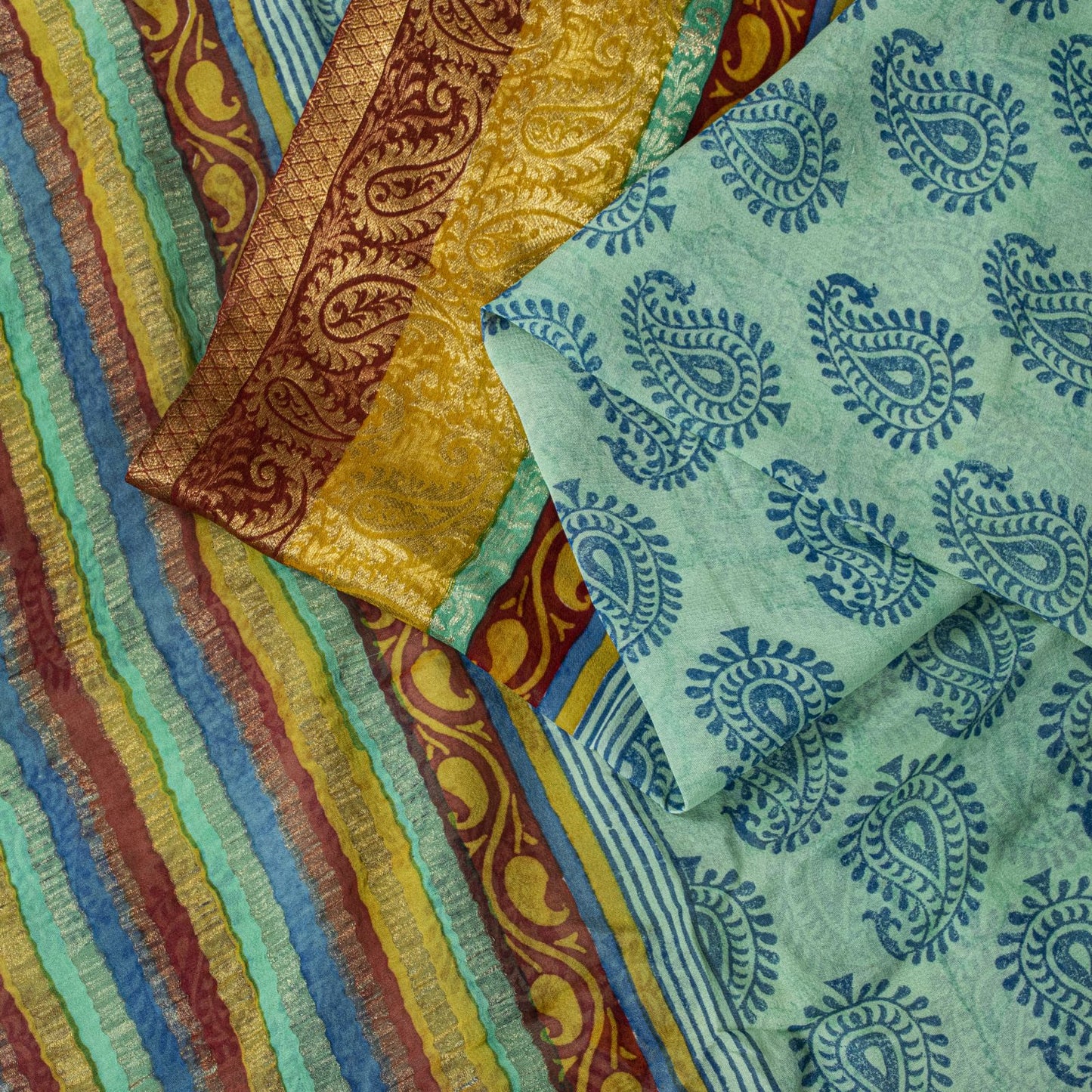 Sanskriti Vintage Saree Blue Pure Georgette Handblock Print-Zari Work 5.5YD Sari