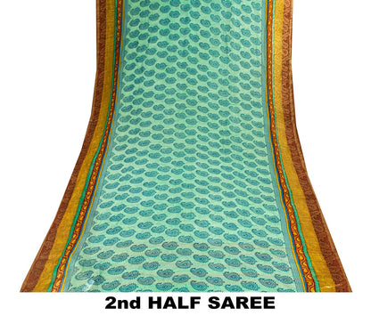 Sanskriti Vintage Saree Blue Pure Georgette Handblock Print-Zari Work 5.5YD Sari