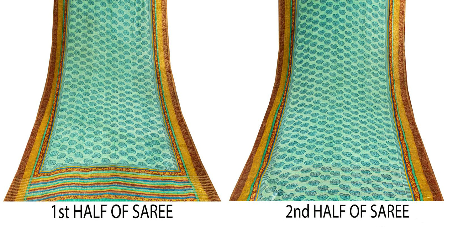 Sanskriti Vintage Saree Blue Pure Georgette Handblock Print-Zari Work 5.5YD Sari