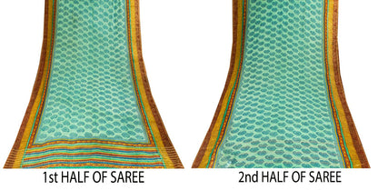 Sanskriti Vintage Saree Blue Pure Georgette Handblock Print-Zari Work 5.5YD Sari
