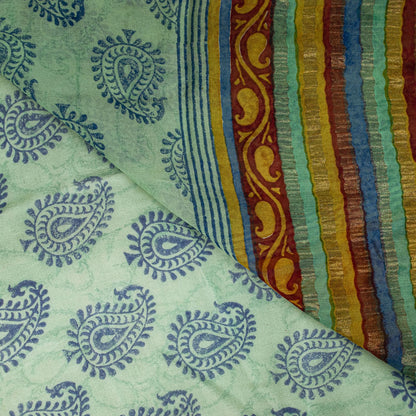 Sanskriti Vintage Saree Blue Pure Georgette Handblock Print-Zari Work 5.5YD Sari