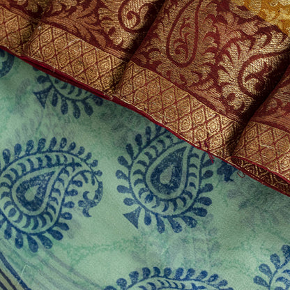 Sanskriti Vintage Saree Blue Pure Georgette Handblock Print-Zari Work 5.5YD Sari