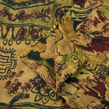 Sanskriti Vintage Brown 100% Pure Chiffon Saree Abstract Print 6Yd Craft Fabric