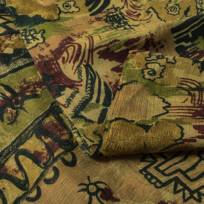 Sanskriti Vintage Brown 100% Pure Chiffon Saree Abstract Print 6Yd Craft Fabric
