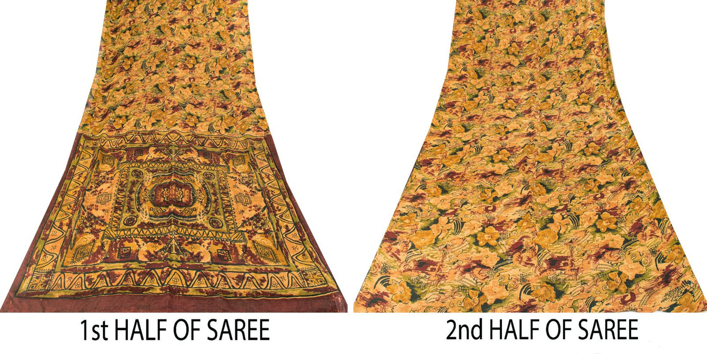 Sanskriti Vintage Brown 100% Pure Chiffon Saree Abstract Print 6Yd Craft Fabric