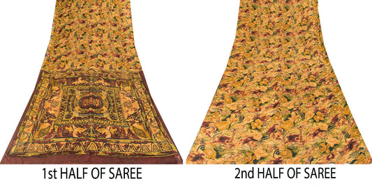 Sanskriti Vintage Brown 100% Pure Chiffon Saree Abstract Print 6Yd Craft Fabric