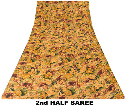 Sanskriti Vintage Brown 100% Pure Chiffon Saree Abstract Print 6Yd Craft Fabric